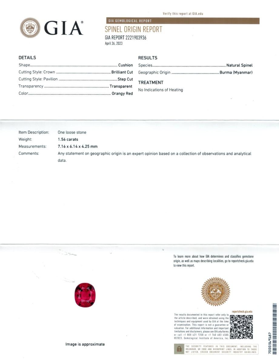 Piedra espinela roja no calentada 1,56 cts en anillo de platino c 18KYG y Dia / Informe GIA Corte mixto en venta