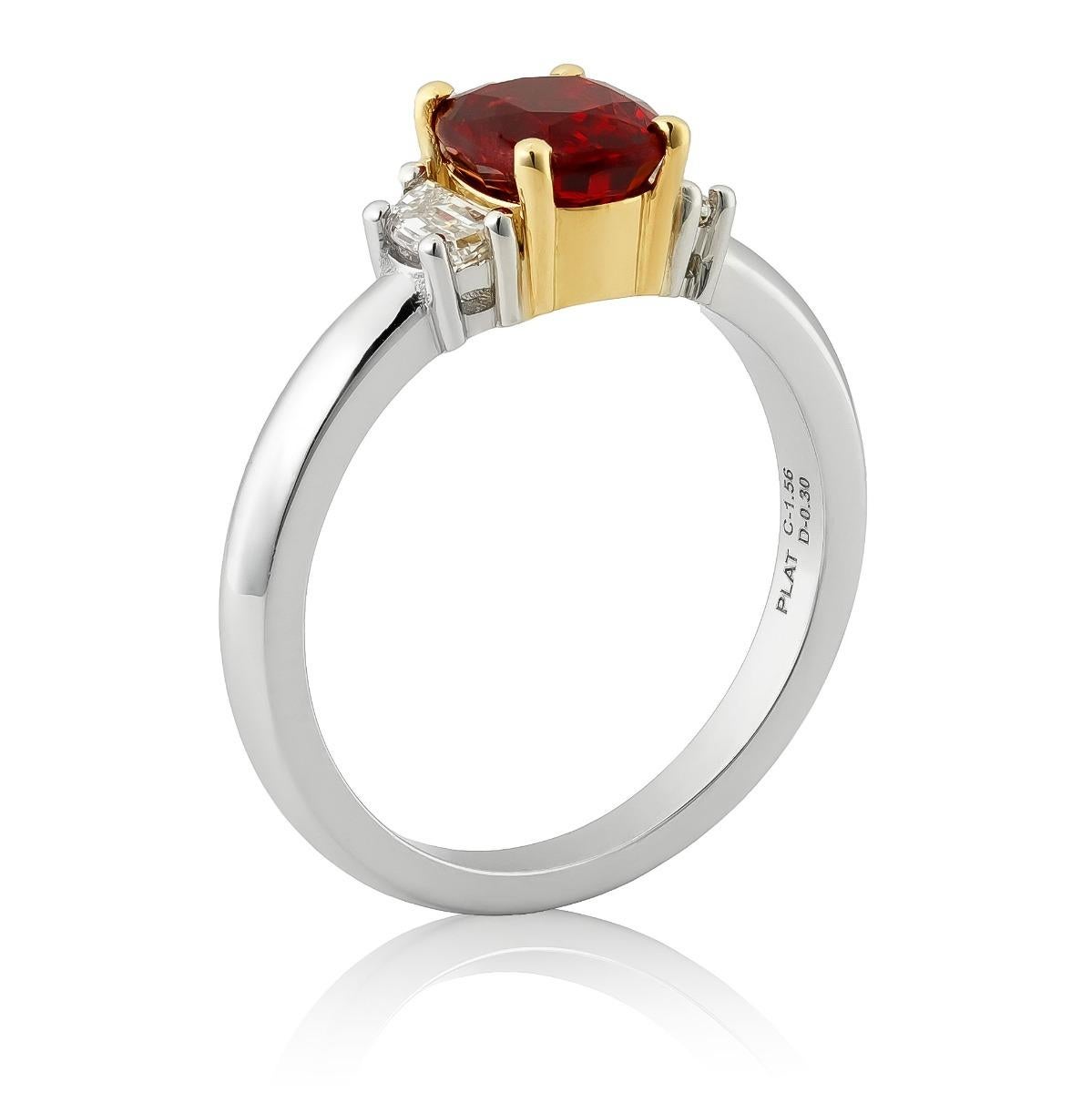 Piedra espinela roja no calentada 1,56 cts en anillo de platino c 18KYG y Dia / Informe GIA en Nuevo estado para la venta en Los Angeles, CA