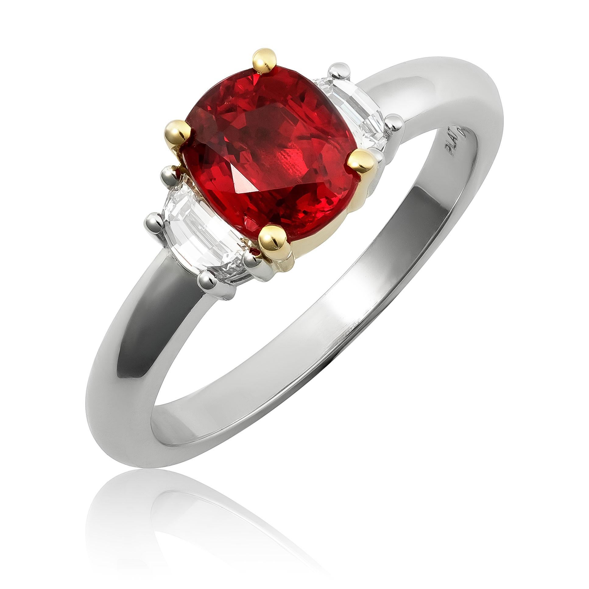 Unheated Red Spinel Stone 1.56 cts in Platinum Ring w 18KYG & Dia / GIA Report