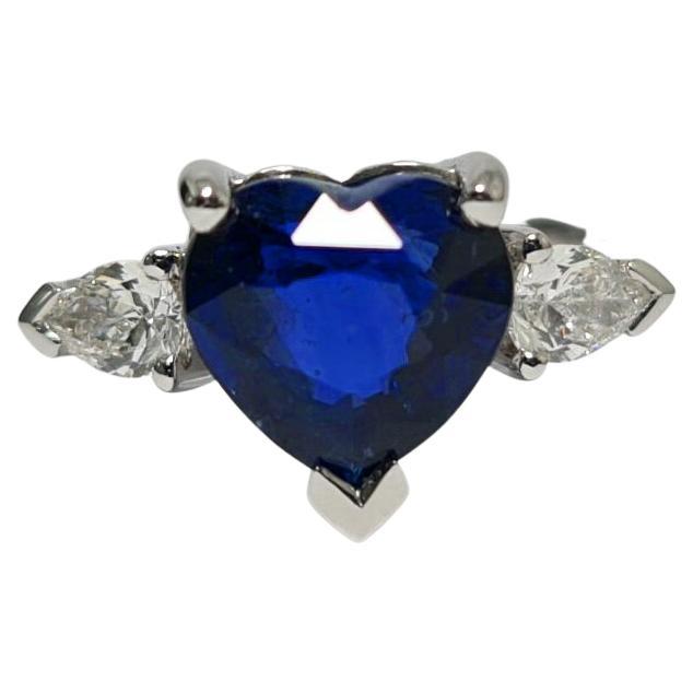 Lotus Unheated Royal Blue 2.51Ct Heart Sapphire, Pear Diamond 18k White Gold Ring For Sale