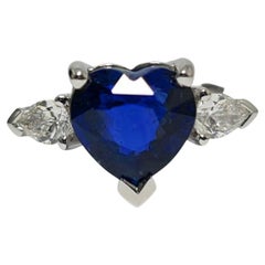Lotus Unheated Royal Blue 2.51Ct Heart Sapphire, Pear Diamond 18k White Gold Ring