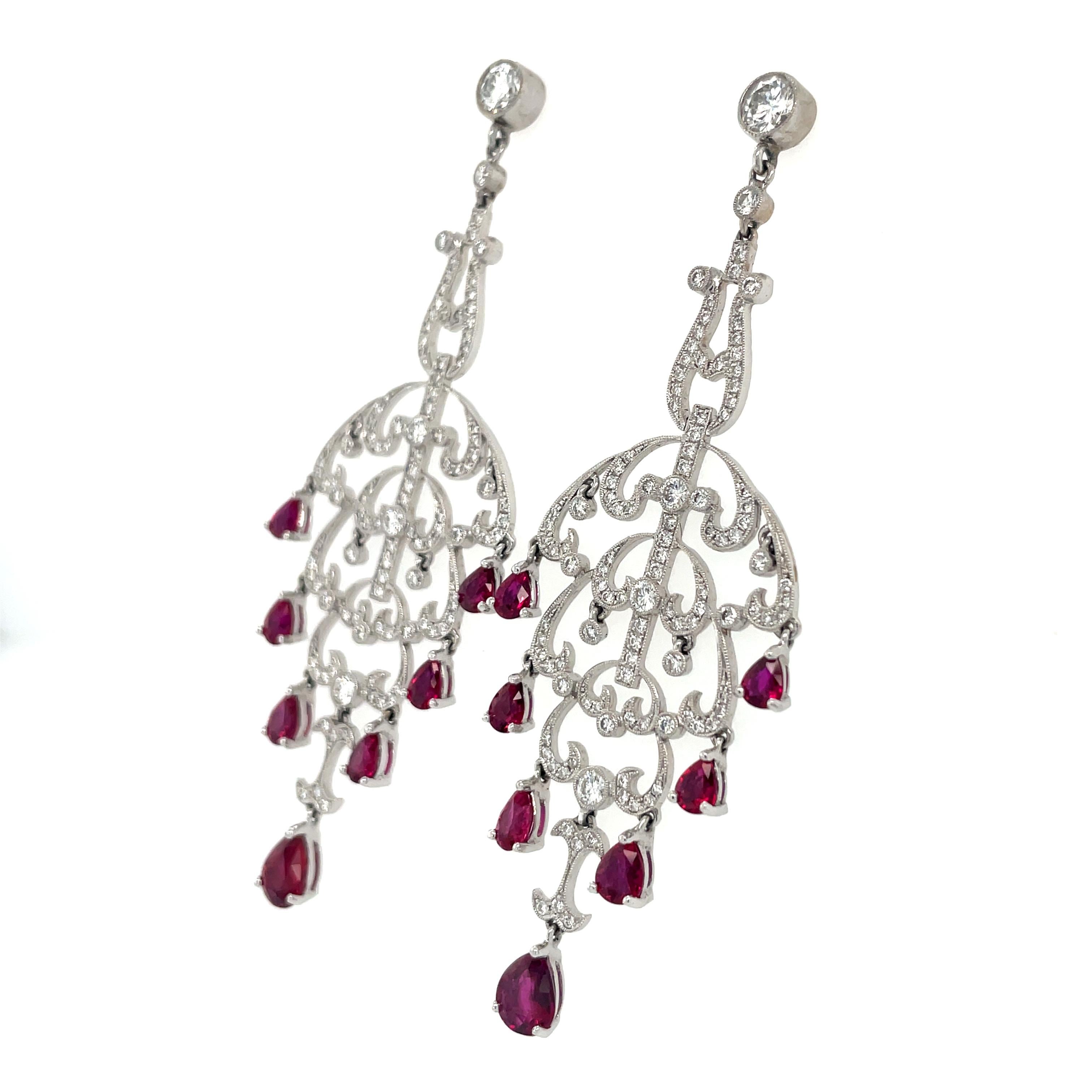 Pear Cut Unheated Ruby and Diamond Chandelier Earrings For Sale