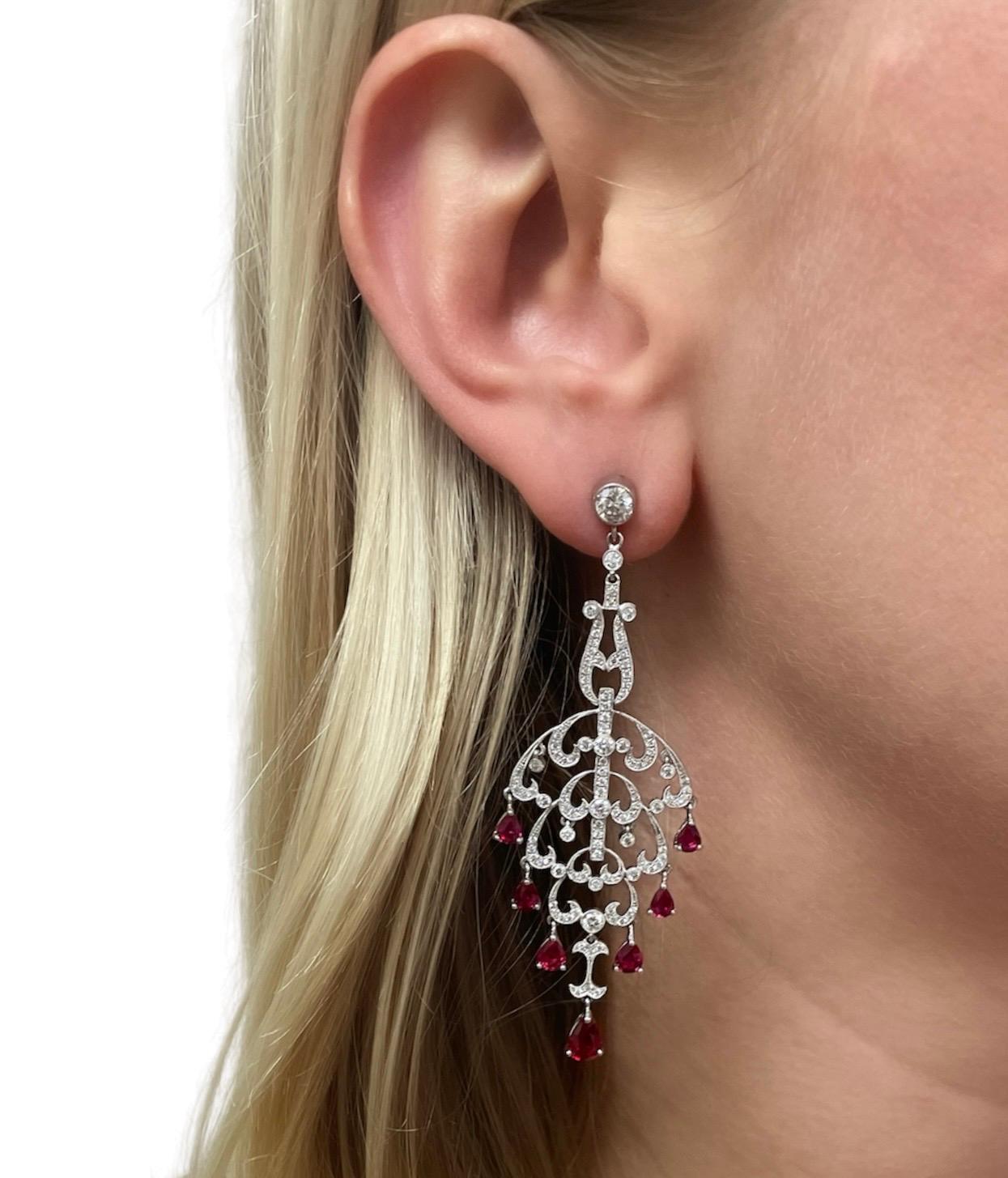 Unheated Ruby and Diamond Chandelier Earrings In Excellent Condition For Sale In Chicago, IL