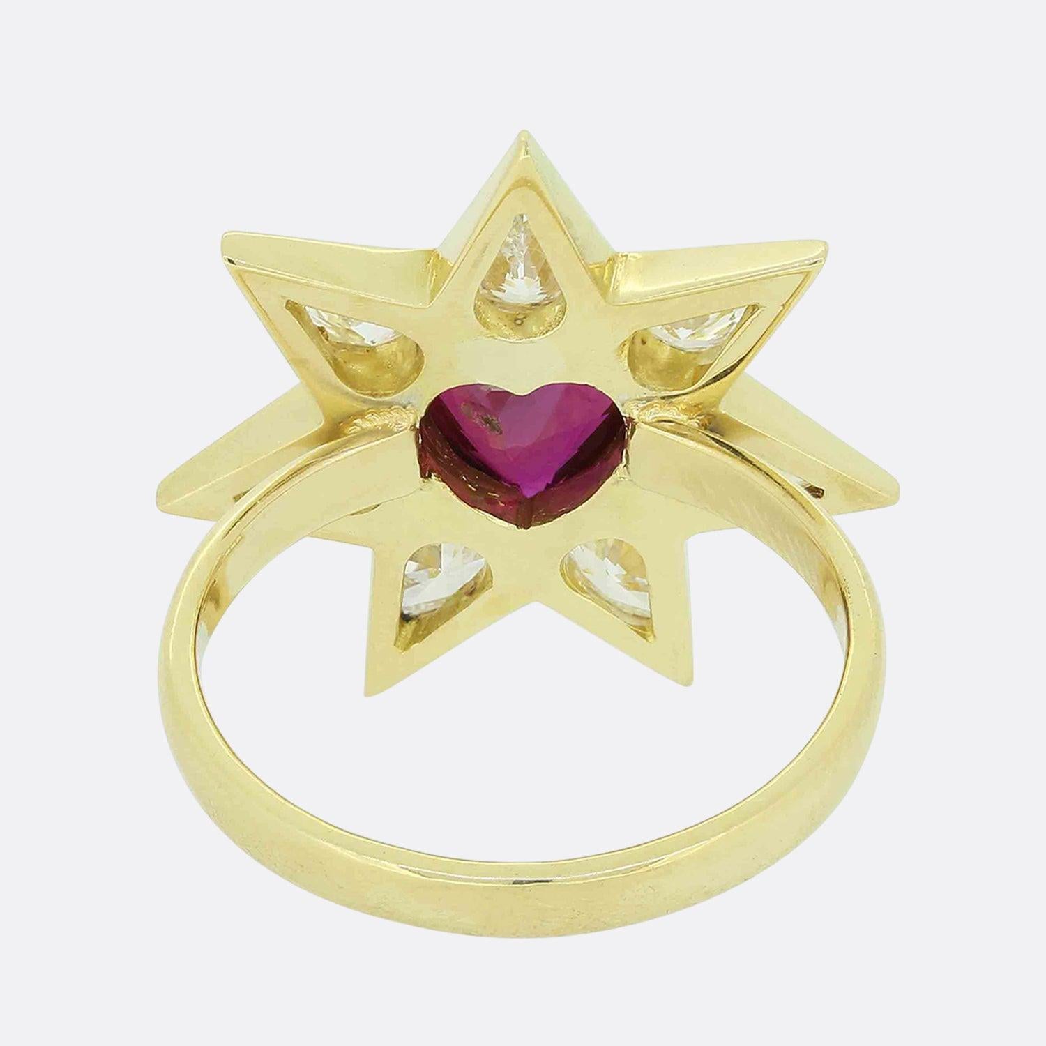 Heart Cut Unheated Ruby and Diamond Love Heart Star Ring For Sale