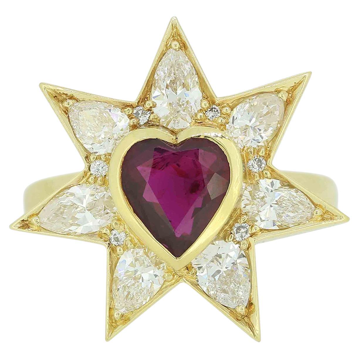 Unheated Ruby and Diamond Love Heart Star Ring For Sale