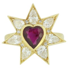 Vintage Unheated Ruby and Diamond Love Heart Star Ring