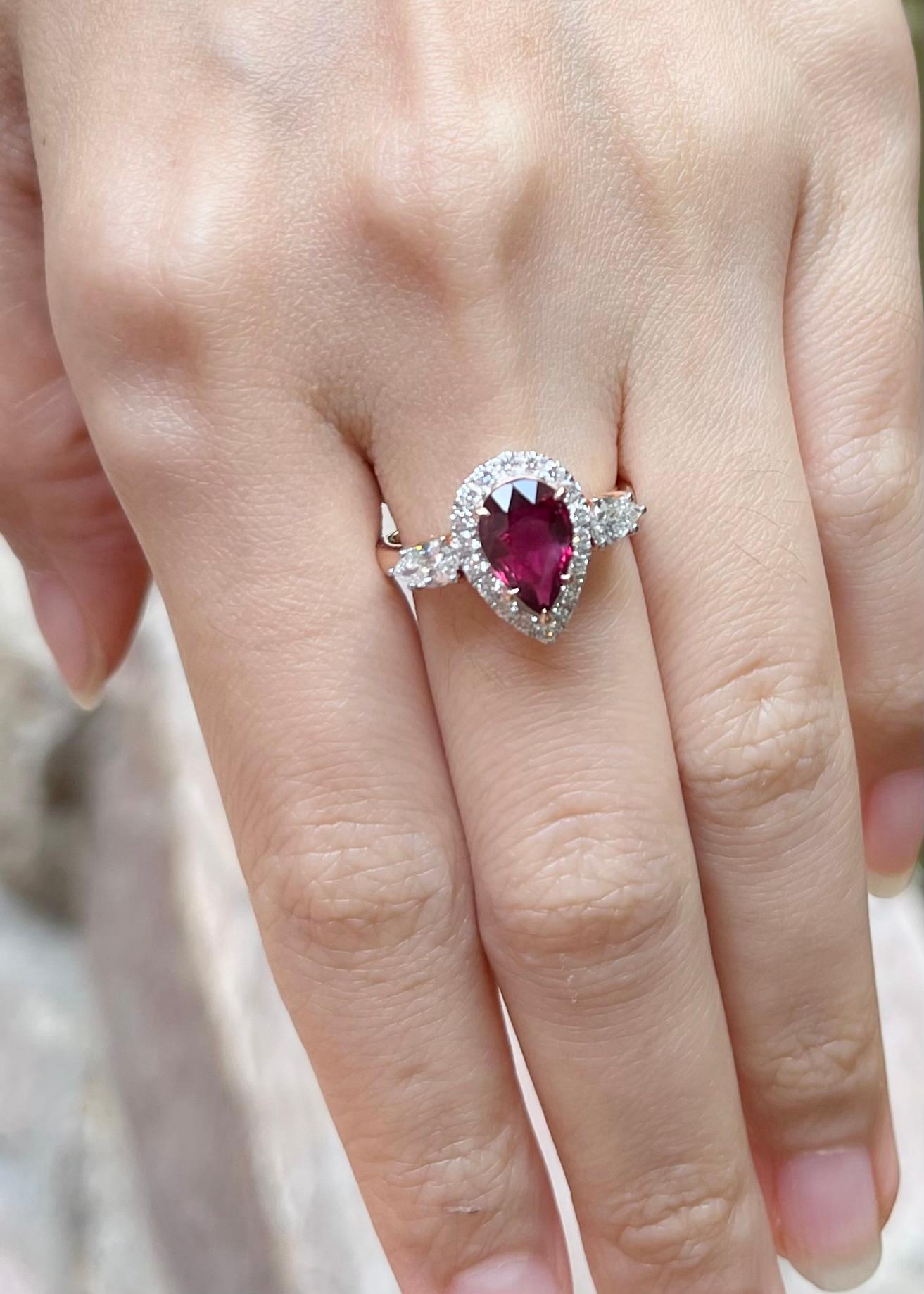 Pear Cut Unheated Ruby and Diamond Ring set in 18K Rose Gold Settings For Sale
