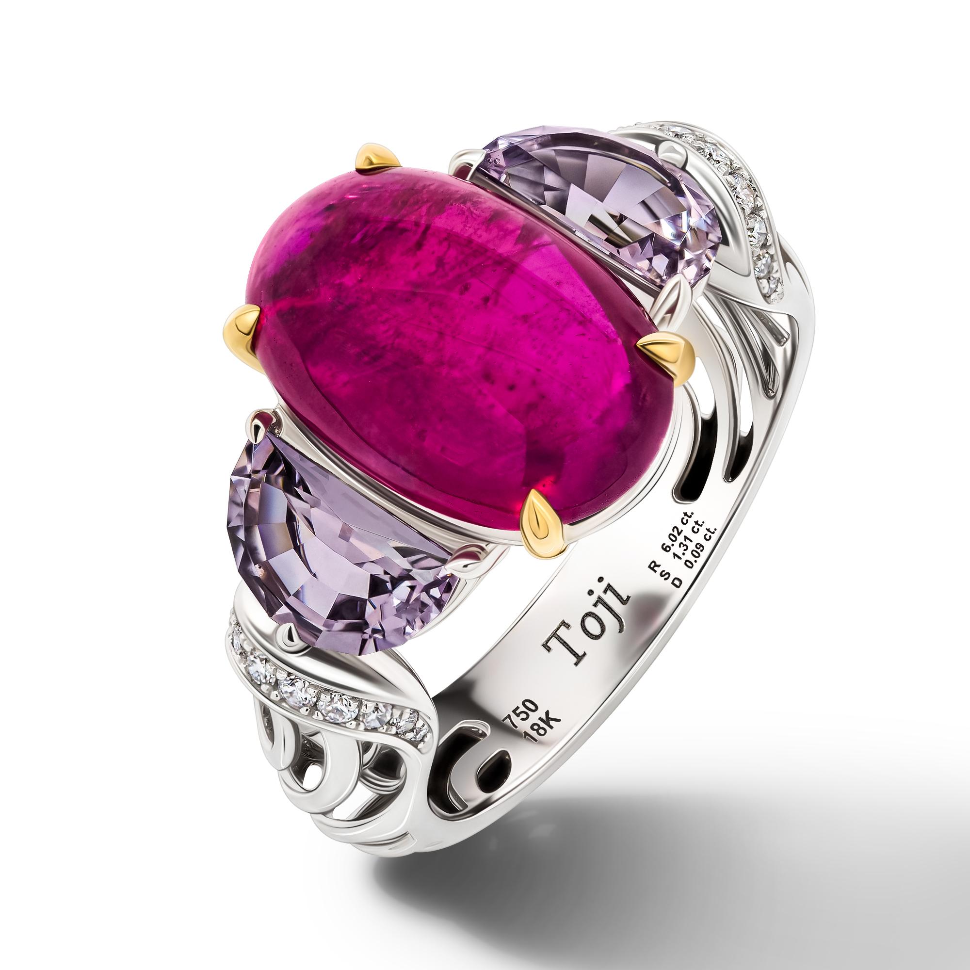 •	18K White gold.  
•	Unheated Ruby Cabochon – total carat weight 6.02. 
•	Lavender spinels in half moon cut – total carat weight 1.31. 
•	Diamonds – 100 pc in round cut – total carat weight 0.50.
•	Ring size – 6' 
•	Lotus GemLab certified. Report