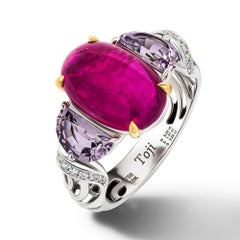 Unheated Ruby Cabochon & Spinels Ring, 18K White Gold & Diamonds Ring