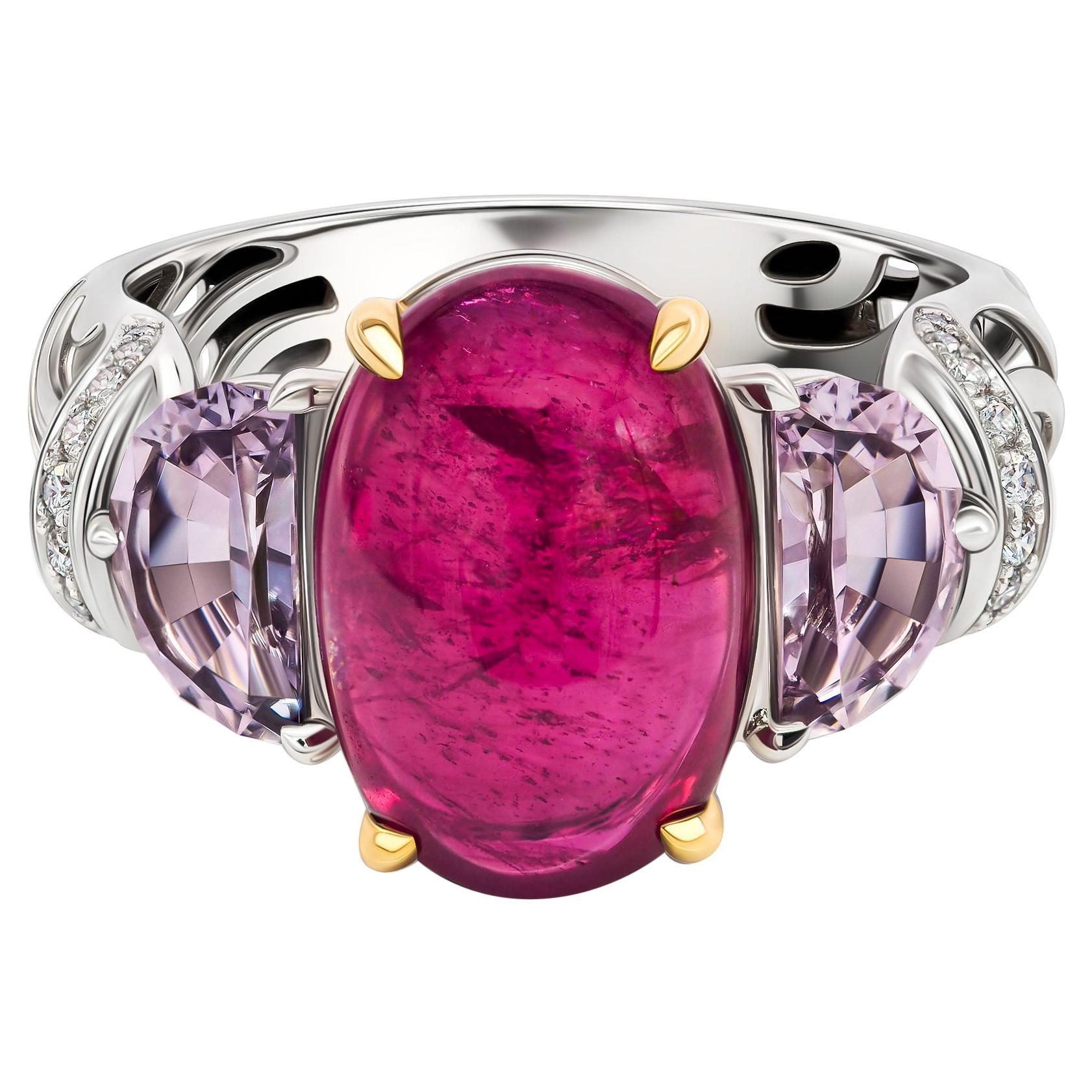 Unheated Ruby Cabochon & Spinels Ring, 18K White Gold & Diamonds Ring For Sale
