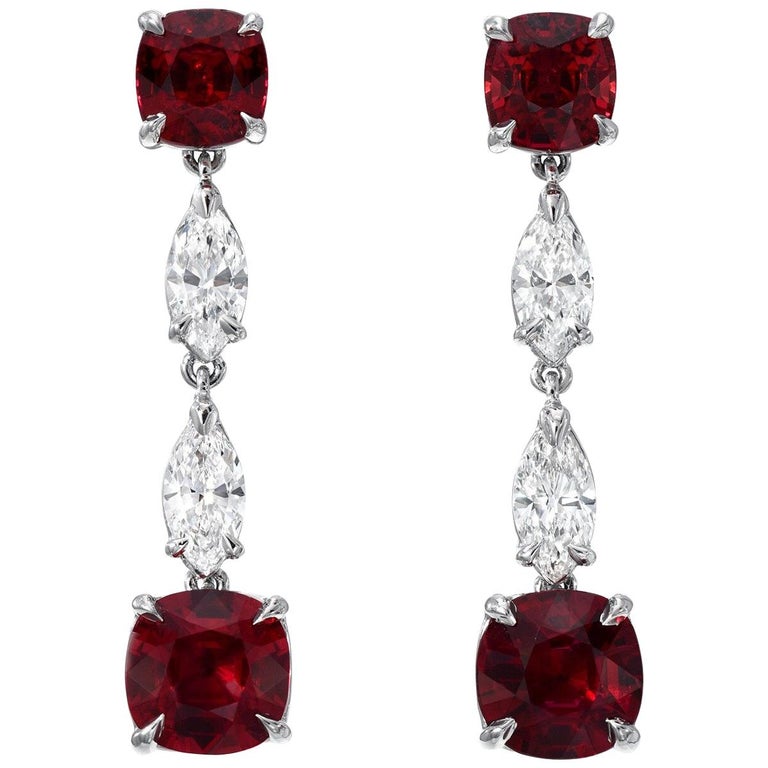 Natural Ruby Earrings Cushion Cut 4.35 Carats GIA Certified Unheated For Sale