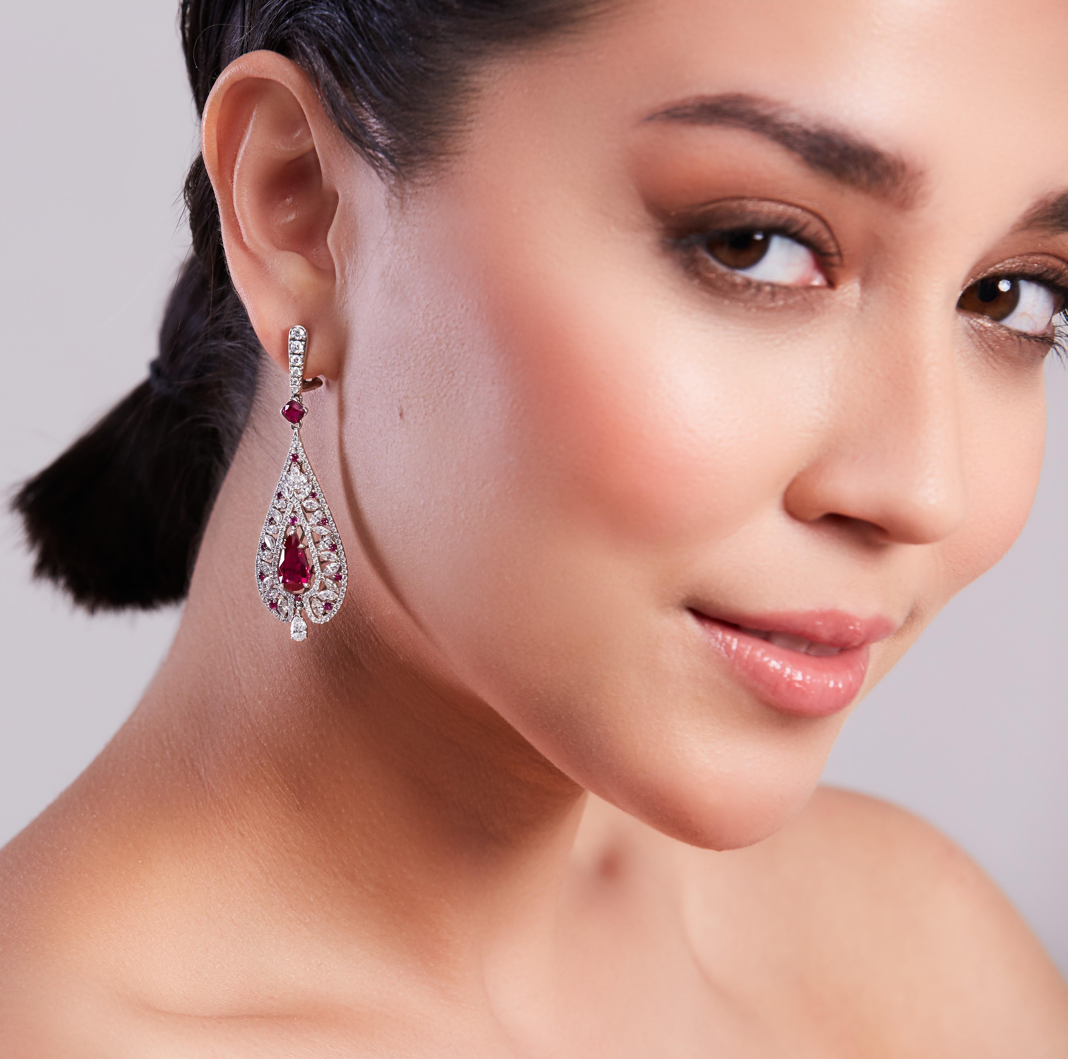 Modern Unheated Ruby Earrings, 18k White Gold, Unheated Rubies & Diamond Earrings For Sale