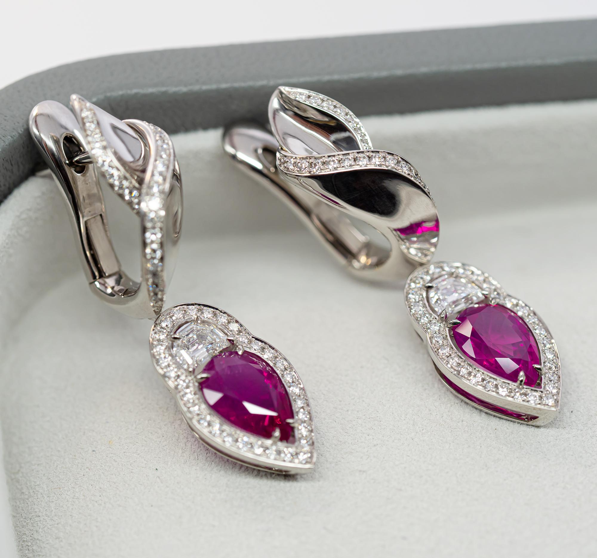 Mixed Cut Unheated Ruby Earrings, 18k White Gold, Unheated Rubies & Diamond Earrings For Sale