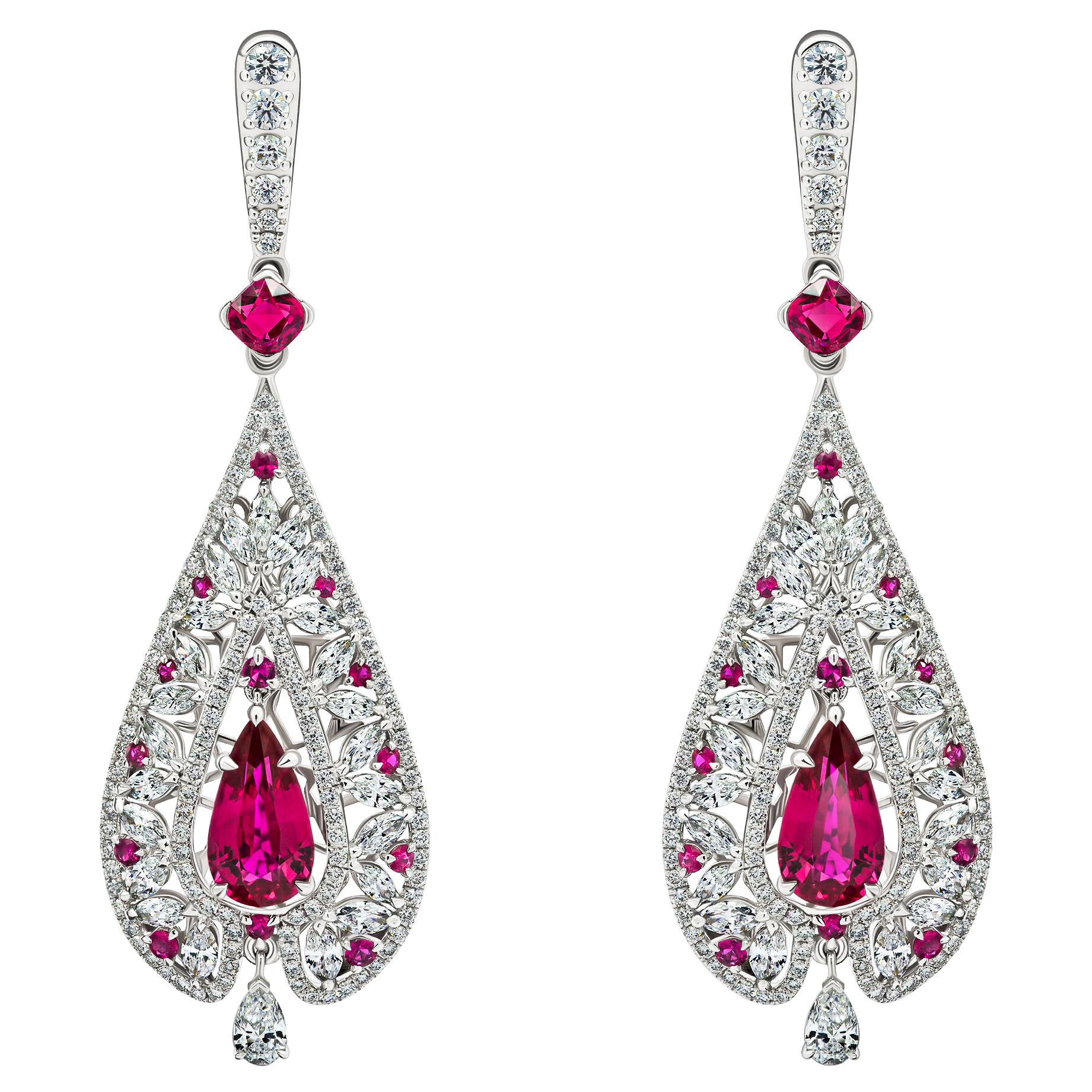 Unheated Ruby Earrings, 18k White Gold, Unheated Rubies & Diamond Earrings For Sale