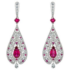 Unheated Ruby Earrings, 18k White Gold, Unheated Rubies & Diamond Earrings
