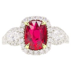 Unheated Ruby Ring, Platinum, 2ct GIA Unheated Ruby with 2.73 Cttw Diamond Halo