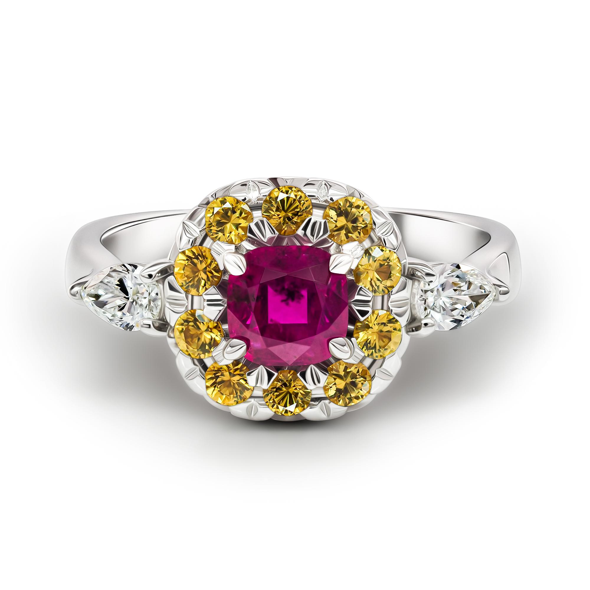 •	18 k white gold. 
•	Unheated Ruby in cushion cut – total carat weight 0.9.
•	Unheated sapphire in round cut   – total carat weight 0.56.
•	Product weight – 6.15 grams. 
•	Ring size – 7’ 