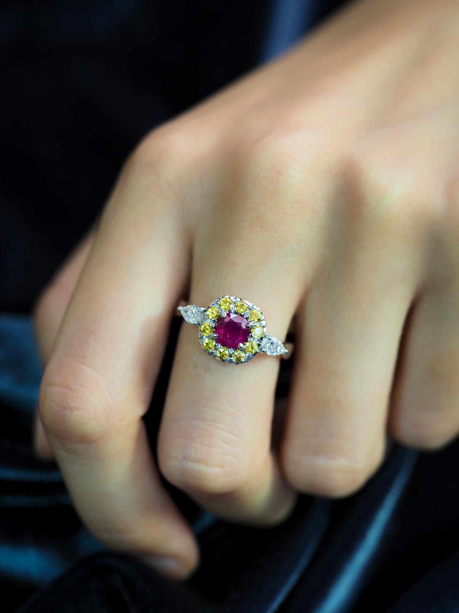 Neoclassical Unheated Ruby & Sapphire Ring, 18k White Gold  Ruby Sapphire & Diamonds Ring For Sale