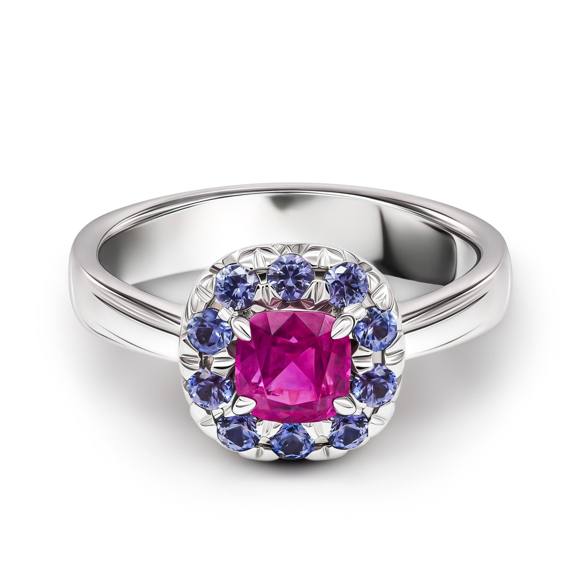 •	18k white gold. 
•	Unheated Ruby in cushion cut – total carat weight 0.85. 
•	Unheated sapphire in round cut   – total carat weight 0.48.  
•	Product weight – 6.08 grams
•	Ring size – 7’.

