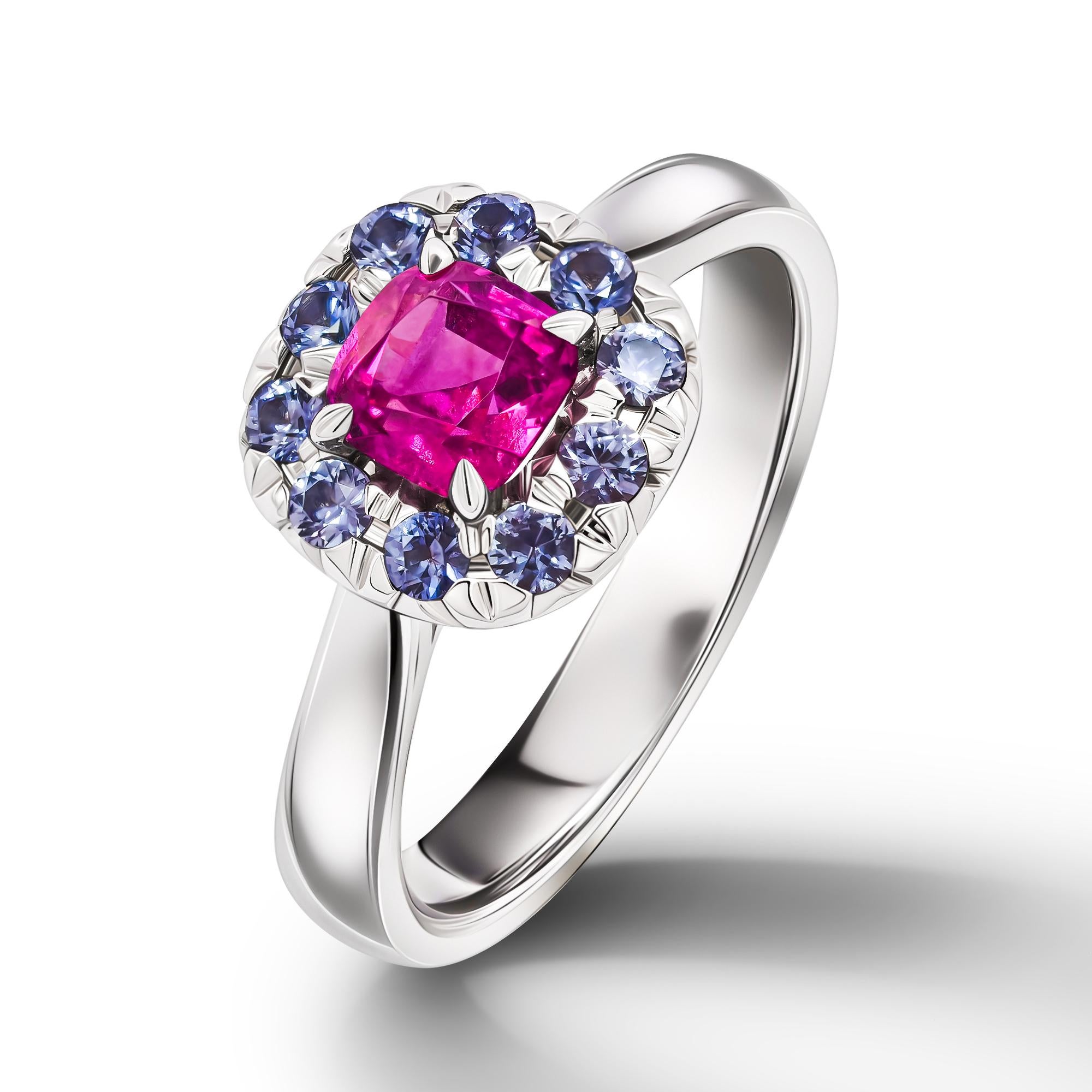Modern Natural Un.Ruby & Sapphire Ring, 18k White Gold Unheated Ruby & Sapphires Ring For Sale