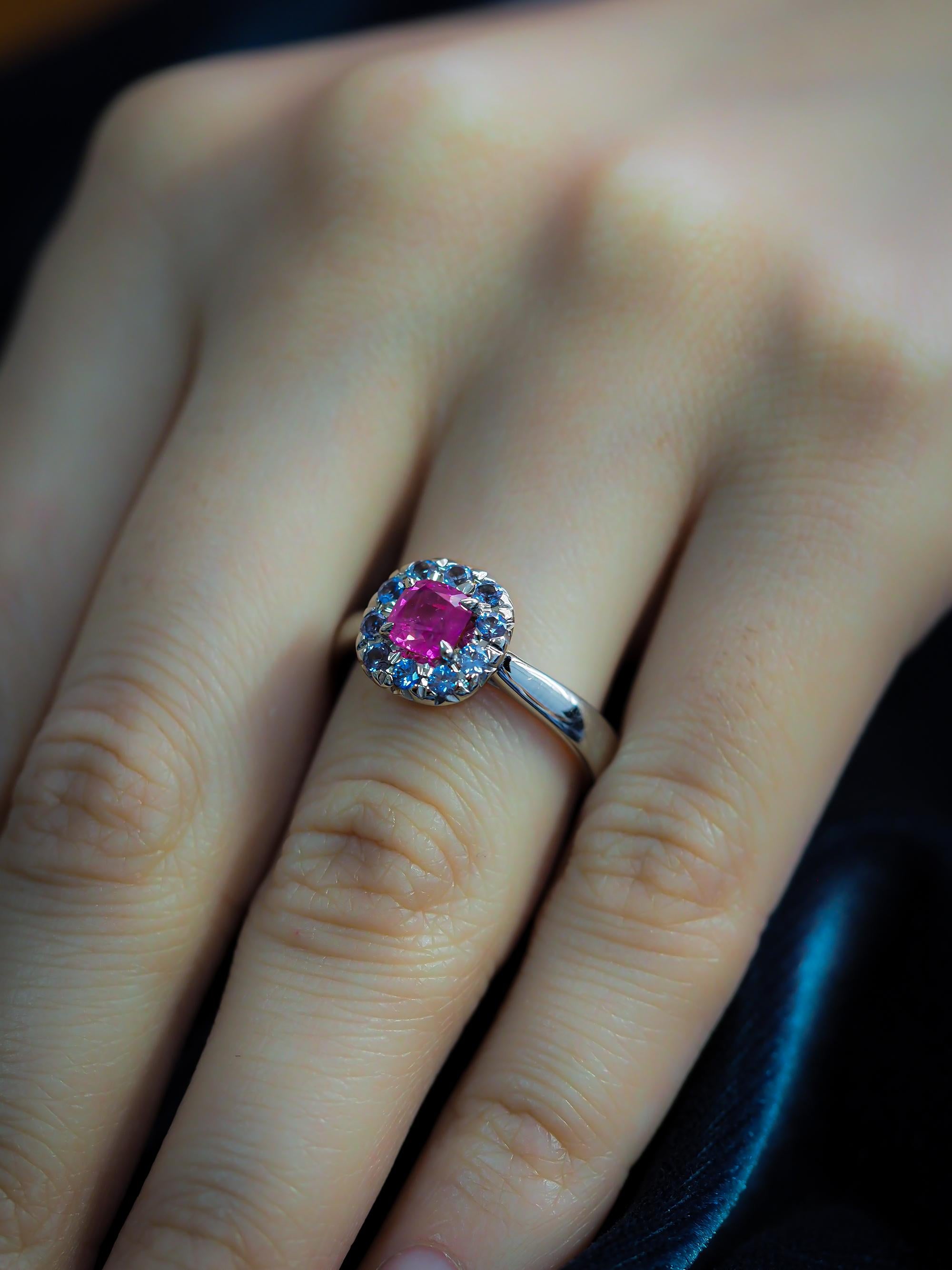 Cushion Cut Natural Un.Ruby & Sapphire Ring, 18k White Gold Unheated Ruby & Sapphires Ring For Sale