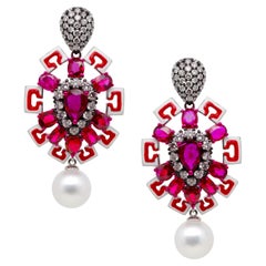Unheated Ruby, White South Sea Pearl & Diamond Earrings, 18K Gold, Austy Lee