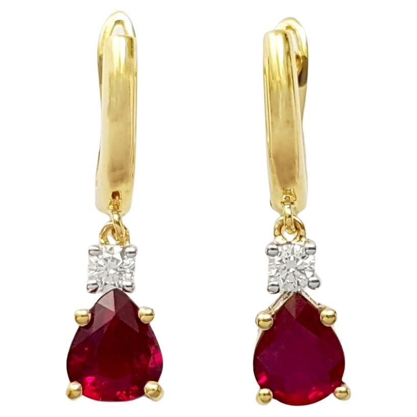 Unheated Ruby with Diamond Earrings set in 18k Gold Settings