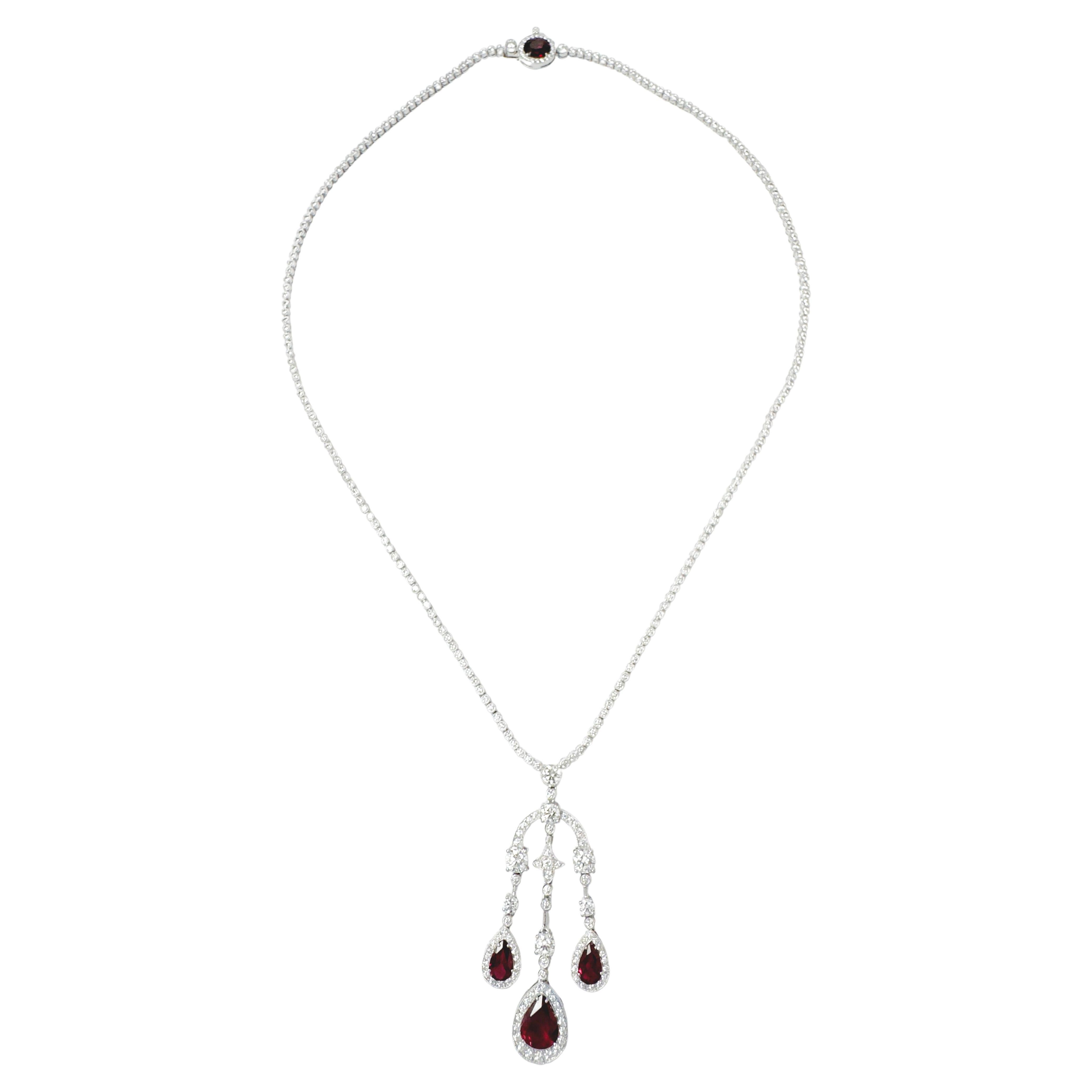 Unheated Ruby with Diamond Necklace set in Platinum 950 Settings