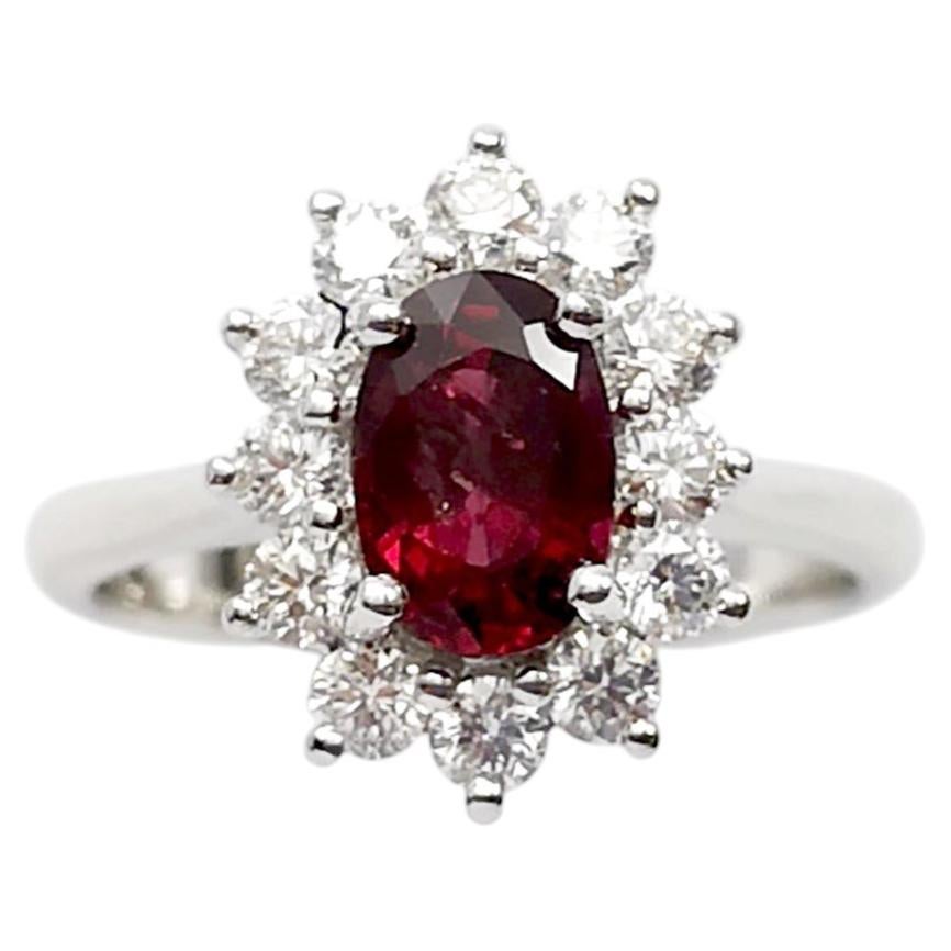 Unheated Ruby with Diamond Ring set in Platinum 950 Settings For Sale