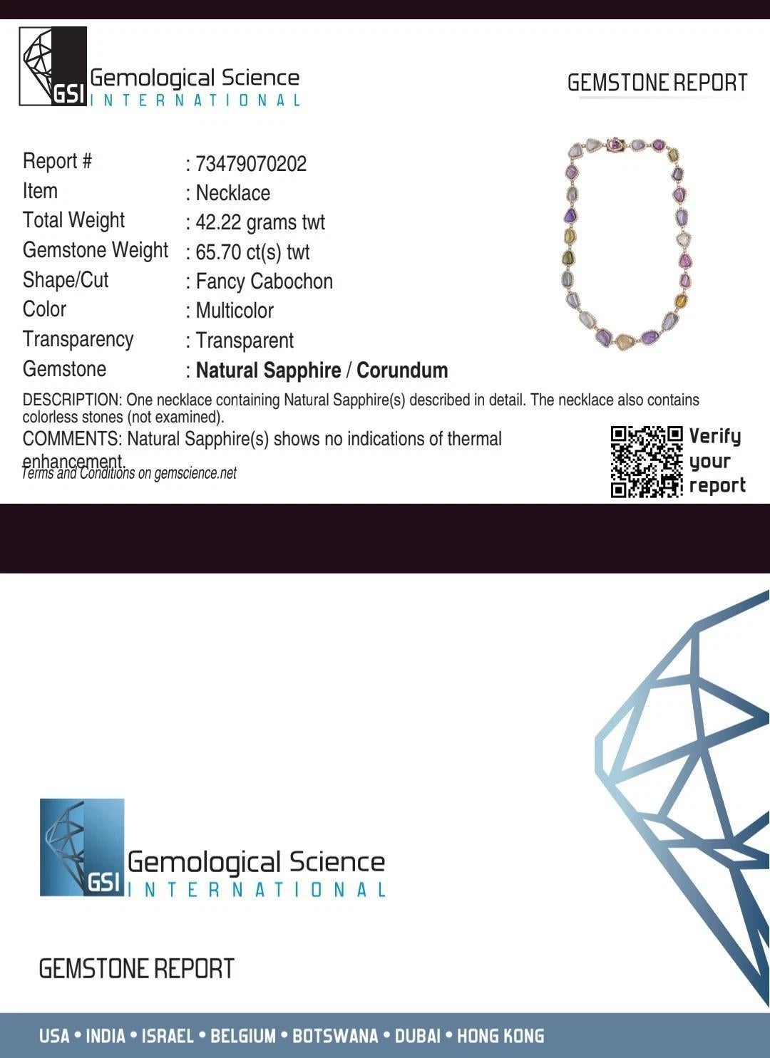 Collana di zaffiri e diamanti non riscaldati certificati in oro rosa 18 carati

La collana di zaffiri multicolore presenta 25 zaffiri cabochon naturali e non riscaldati multicolori e multiformi, circondati da diamanti tondi brillanti naturali, il