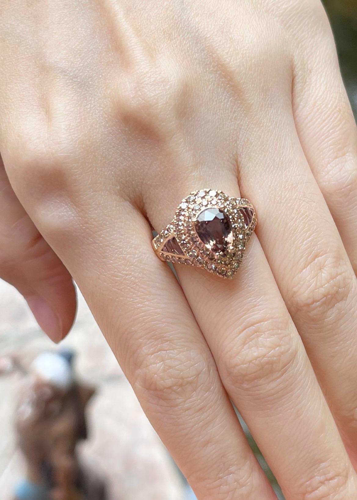 Pear Cut Unheated Brown Sapphire, Brown Sapphire and Brown Diamond Ring in 18K Rose Gold For Sale