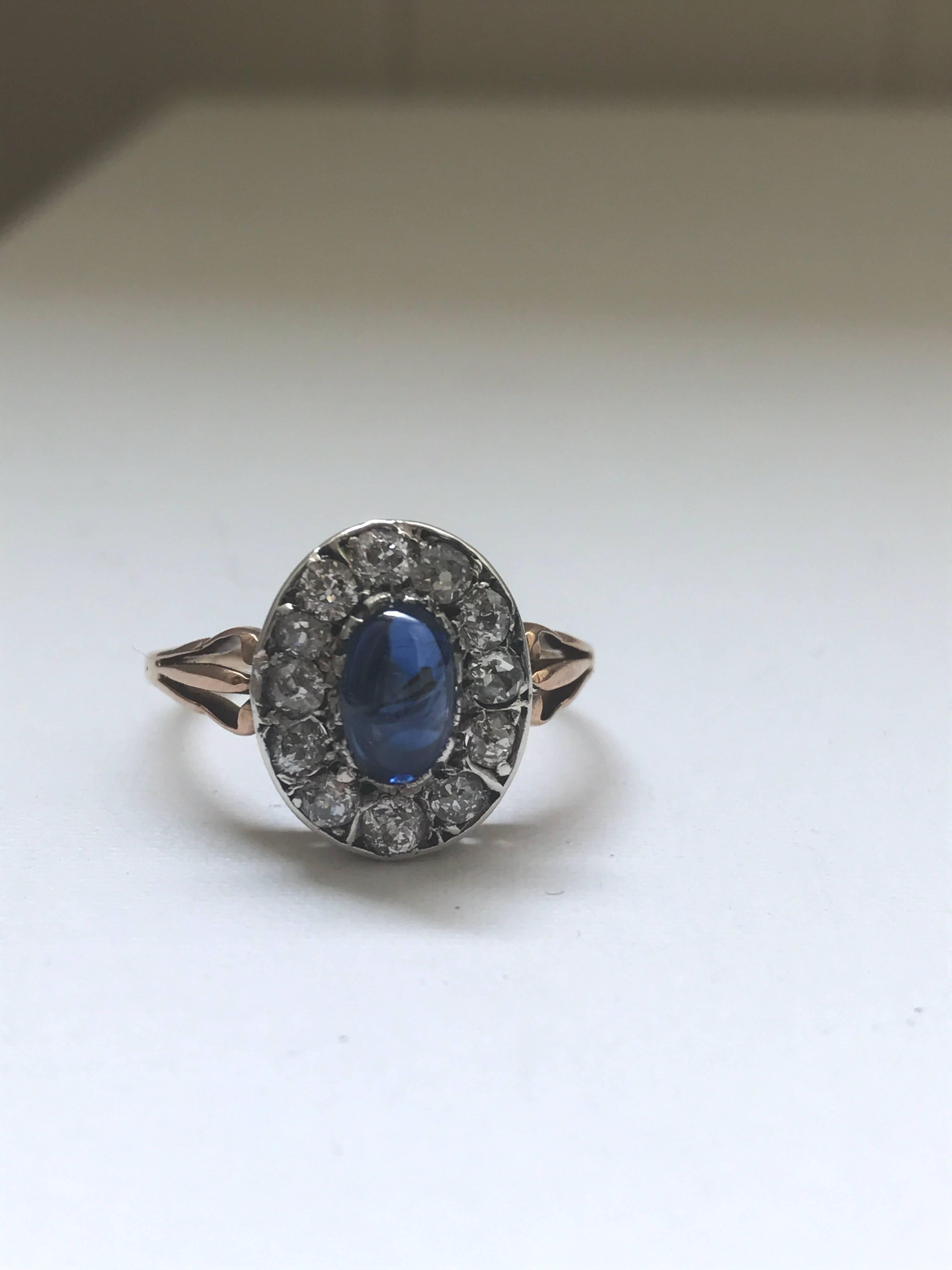 Old European Cut Unheated Sapphire Diamond 18 Karat Ring For Sale