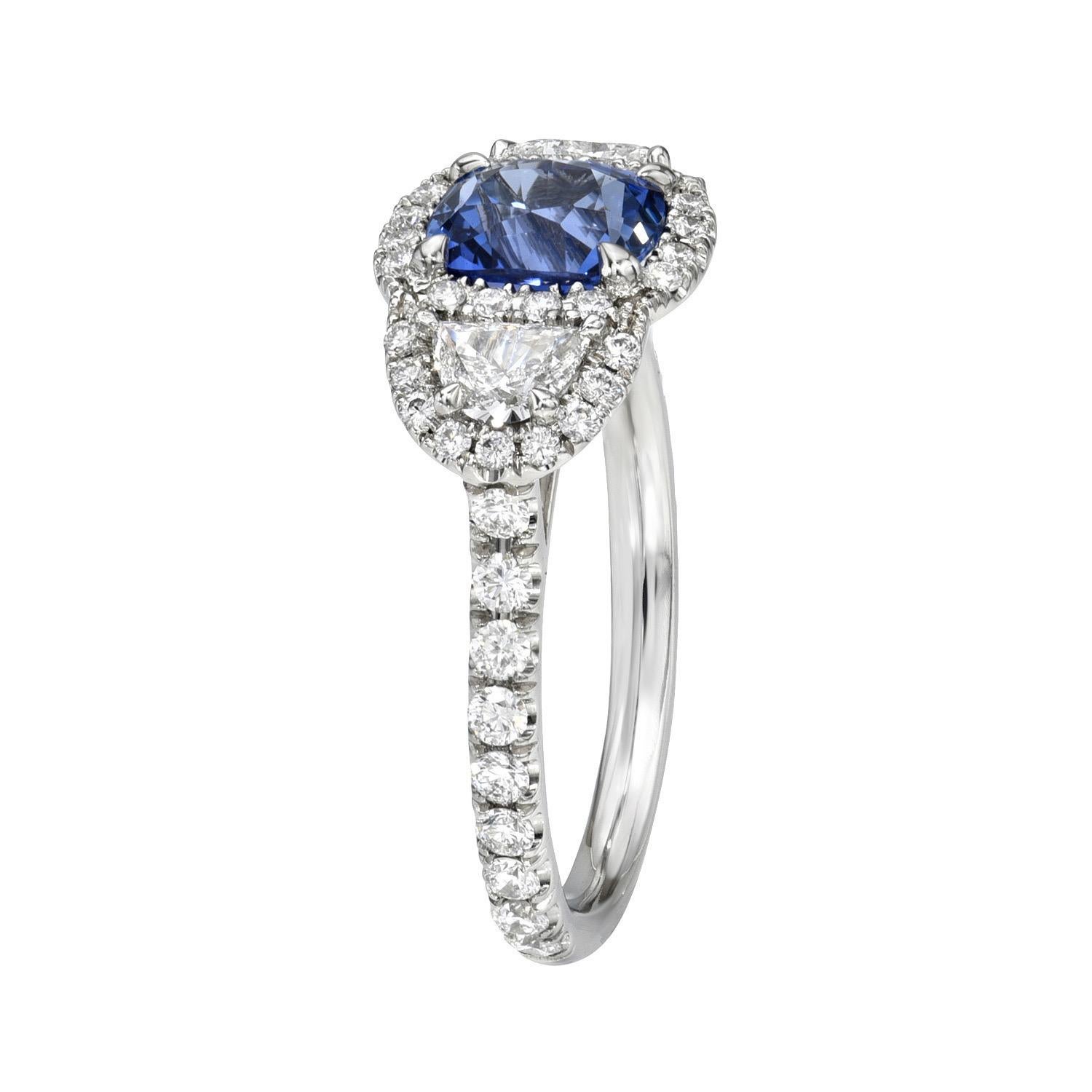 Impressive Unheated Ceylon Blue Sapphire Platinum Diamond Three Stone Ring by Merkaba Jewelry Beverly Hills, 1.69 Carat.

Merkaba Jewelry Beverly Hills proudly presents a stunning 1.69-carat unheated 