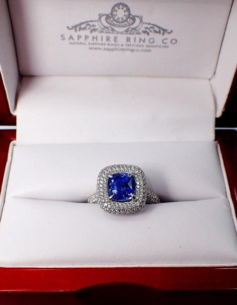 Unheated Sapphire Ring, 3.02 ct Platinum 950 GIA Certified - Ceylon Sapphire For Sale 4