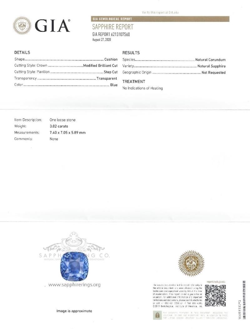 Platinum Sapphire Ring, 3.02 Ct Unheated GIA Certified

A new platinum unheated sapphire ring contains a cushion-cut blue Ceylon sapphire measuring 7.40 x 7.05 x 5.89 mm and weighs 3.02 carat.  Type II. Medium-light, moderately strong, blue color