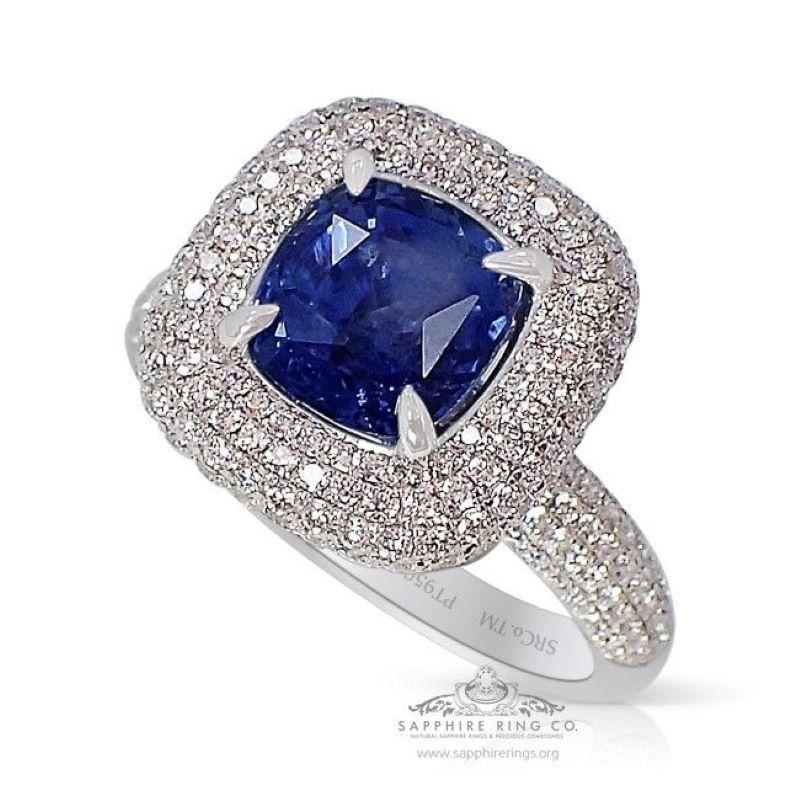 Cushion Cut Unheated Sapphire Ring, 3.02 ct Platinum 950 GIA Certified - Ceylon Sapphire For Sale