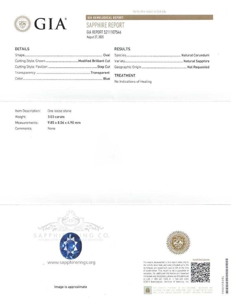 New platinum custom Ceylon sapphire ring containing an untreated oval cut blue sapphire measuring 9.85 x 8.04 x 4.90 mm weighing 3.03 carat. Type II. Medium-dark, moderately strong, blue color GIA B 6/4, set with 20 round brilliant cut diamonds with