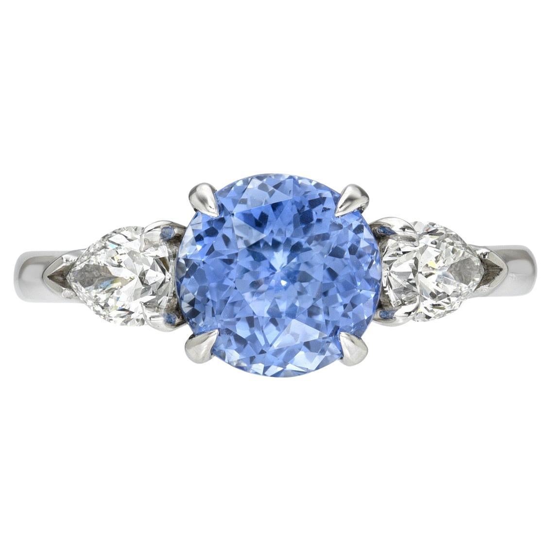 Unheated Sapphire Ring 2.66 Carat Round Natural No Heat Cornflower Blue For Sale