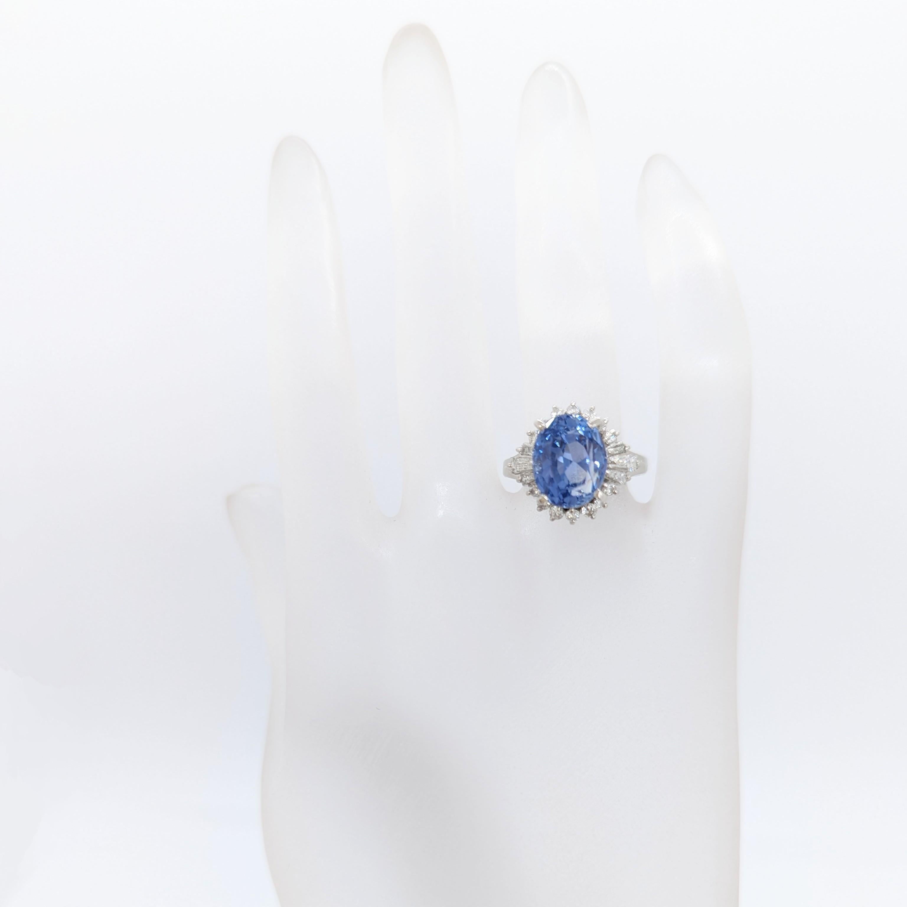 Oval Cut Unheated Sri Lanka Blue Sapphire and White Diamond Cocktail Ring in Platinum For Sale