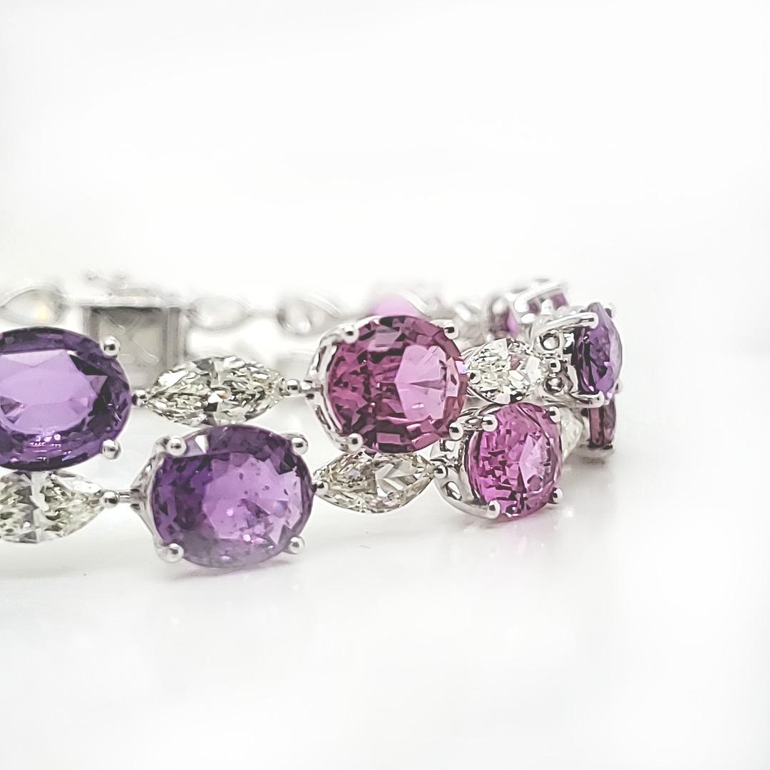 Contemporary Pink and Purple Sapphire Bracelet with Marquise and Pear diamChandelier Earrings For Sale