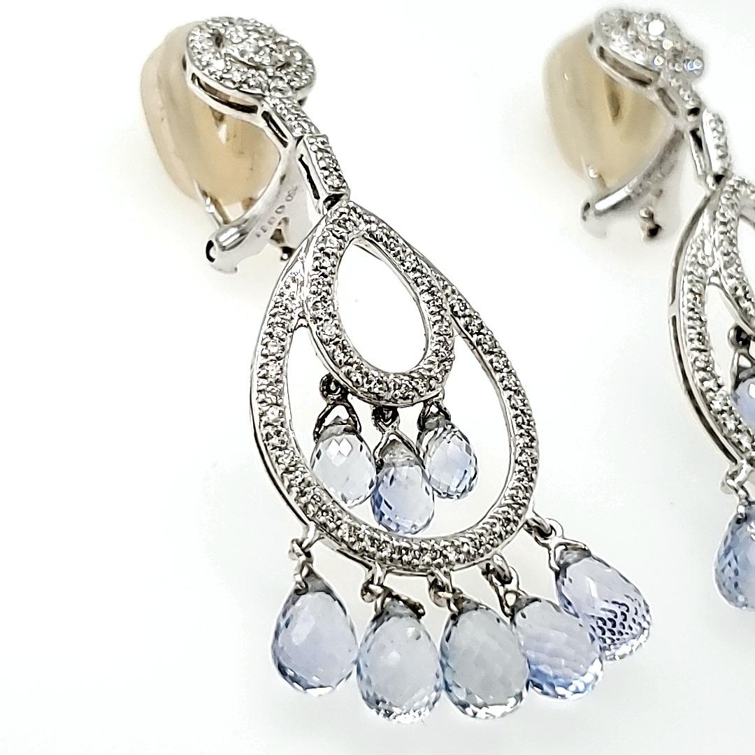 Contemporary Unheated Sri Lankan Sapphire Briolette and Diamond Chandelier Earrings For Sale