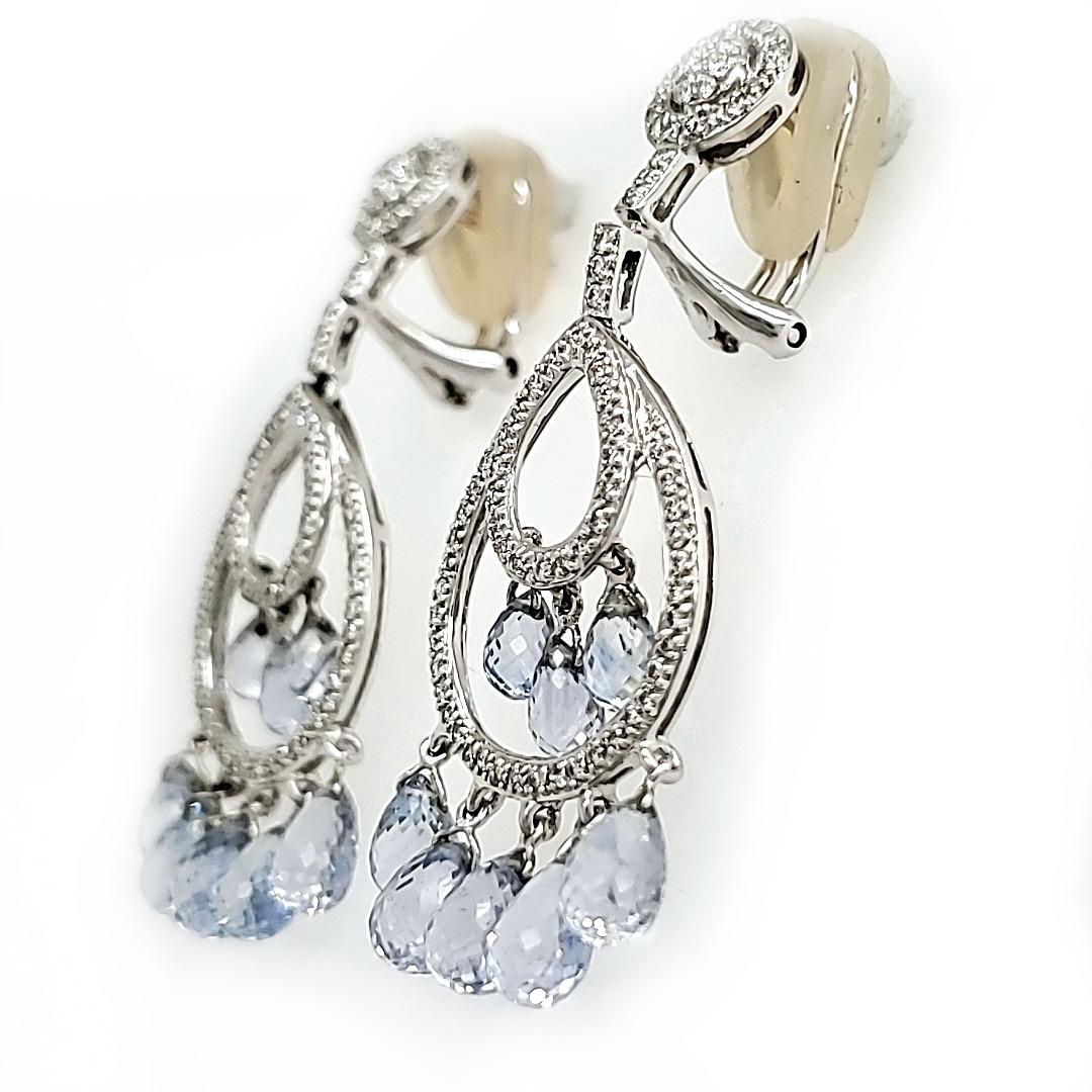 Mixed Cut Unheated Sri Lankan Sapphire Briolette and Diamond Chandelier Earrings For Sale