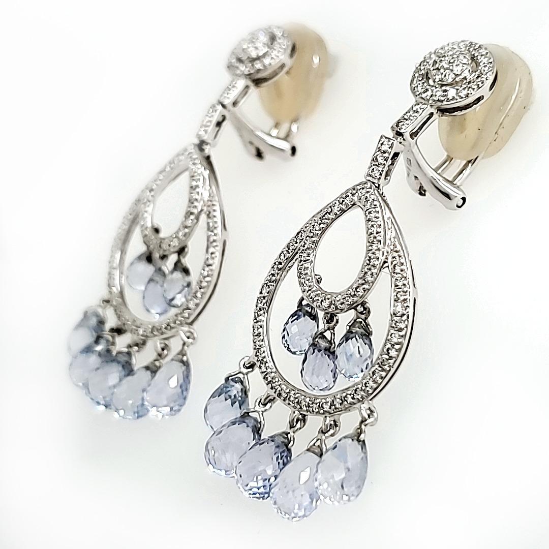 Mixed Cut Unheated Sri Lankan Sapphire Briolette and Diamond Chandelier Earrings For Sale