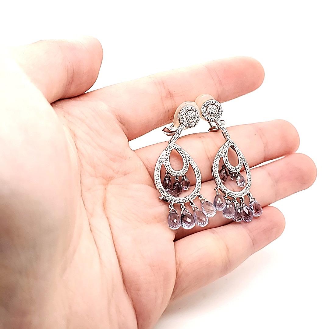 Women's Unheated Sri Lankan Sapphire Briolette and Diamond Chandelier Earrings For Sale