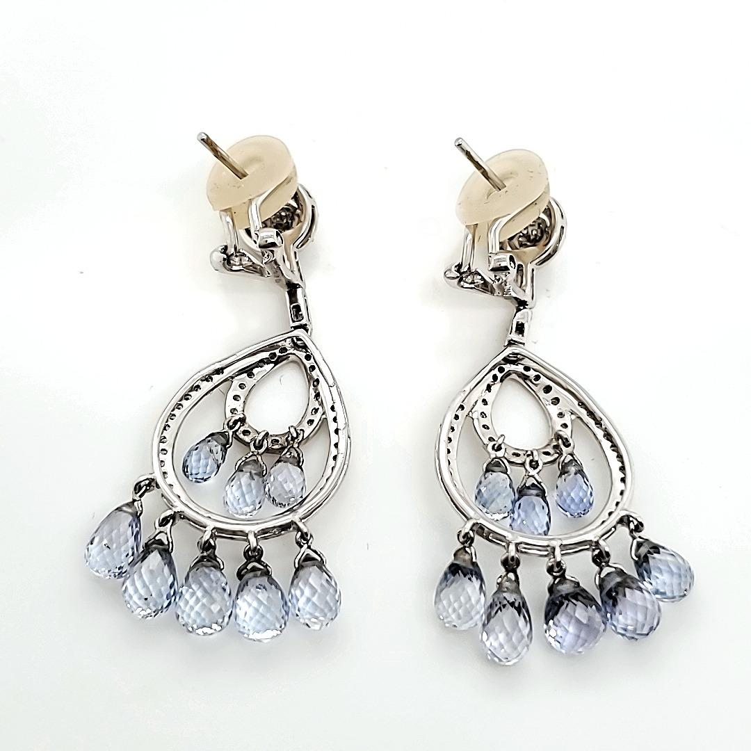 Women's Unheated Sri Lankan Sapphire Briolette and Diamond Chandelier Earrings For Sale
