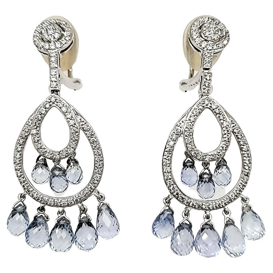 Unheated Sri Lankan Sapphire Briolette and Diamond Chandelier Earrings For Sale