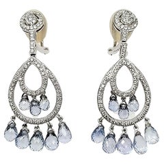 Unheated Sri Lankan Sapphire Briolette and Diamond Chandelier Earrings
