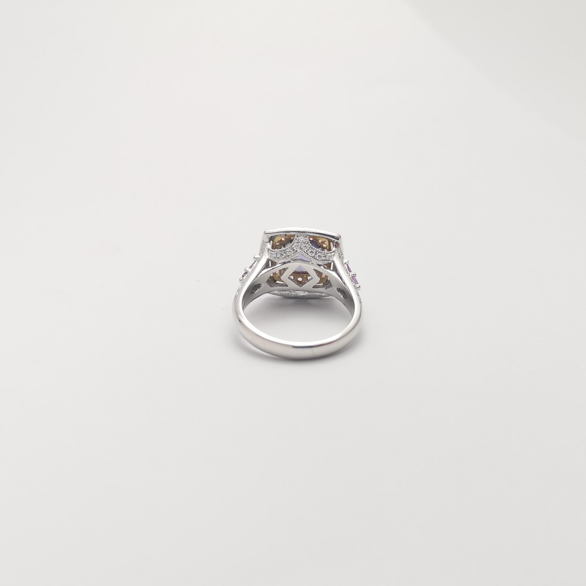Unheated Tanzanite, Purple Sapphire and Diamond Ring set in 18K White Gold For Sale 4