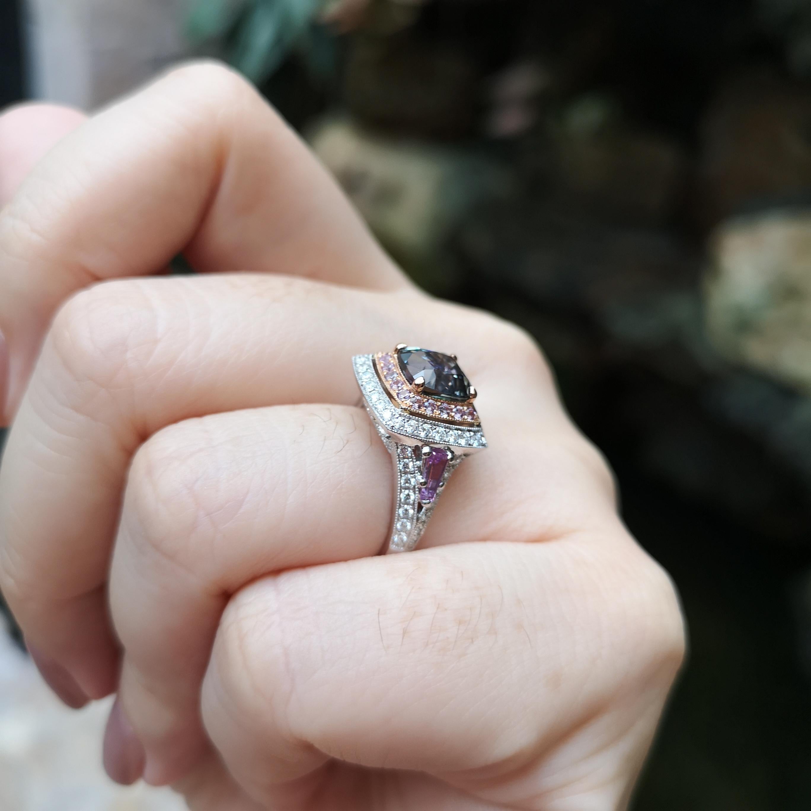 Contemporary Unheated Tanzanite, Purple Sapphire and Diamond Ring set in 18K White Gold For Sale