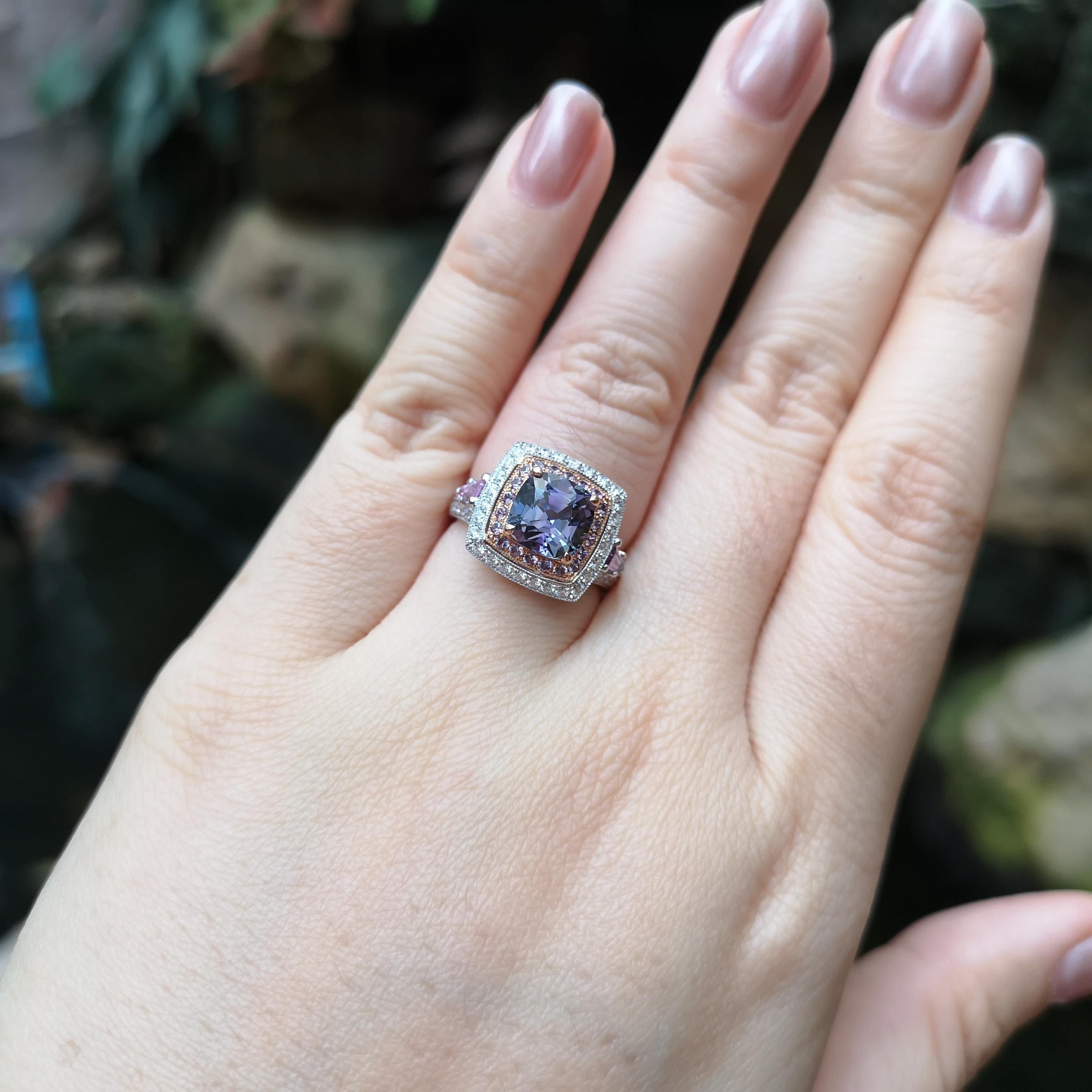 Cushion Cut Unheated Tanzanite, Purple Sapphire and Diamond Ring set in 18K White Gold For Sale
